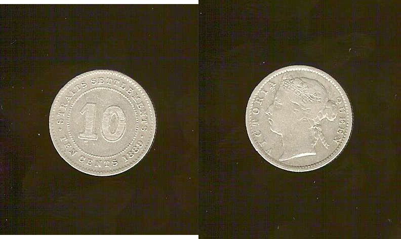 Straits Settlements  10 cents 1889 aVF